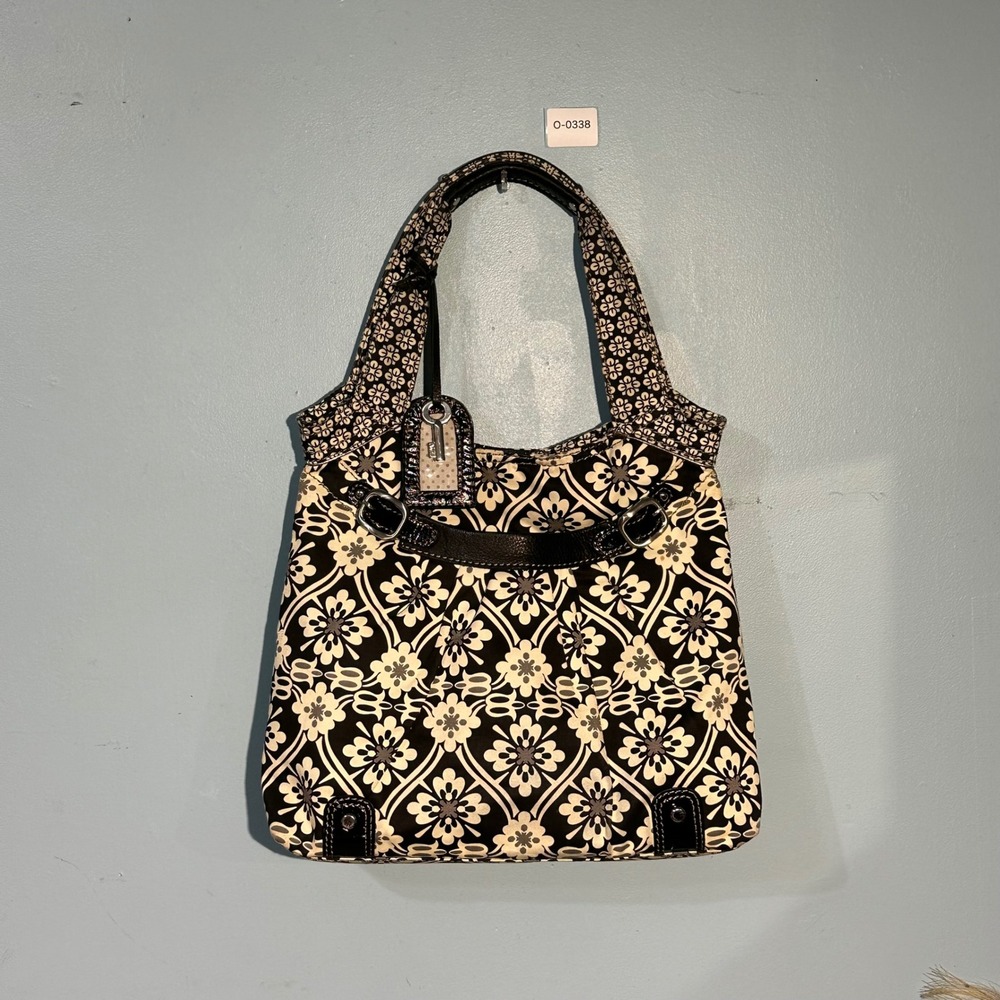 Fossil ZB2779 Black Cream Floral Canvas Leather Trim Hobo Shoulder Bag Purse